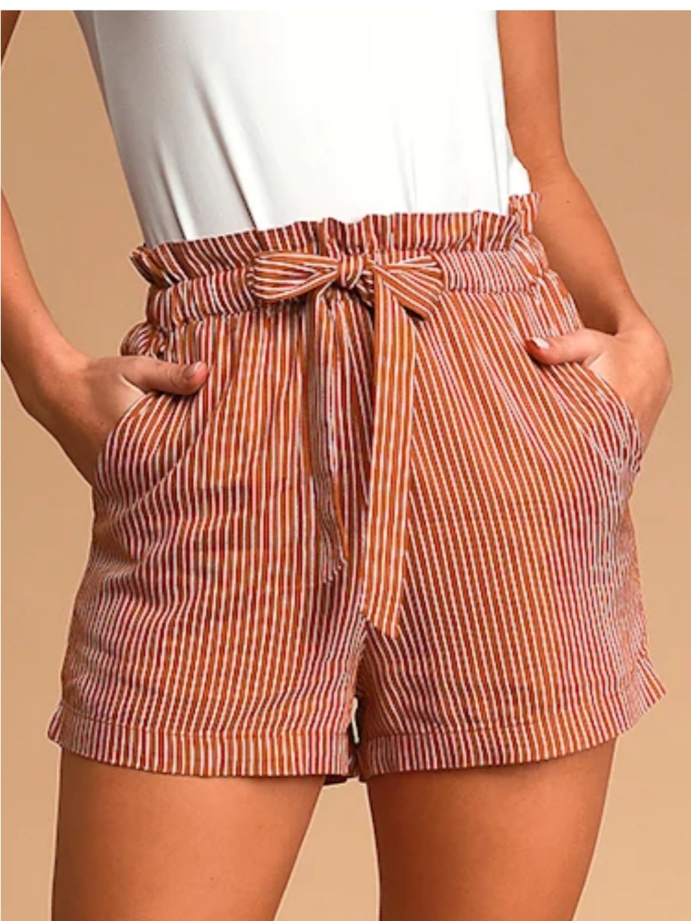 Billabong Sliding Rock Rust-Brown Striped Paper Bag Tie Waist Shorts Size Medium
